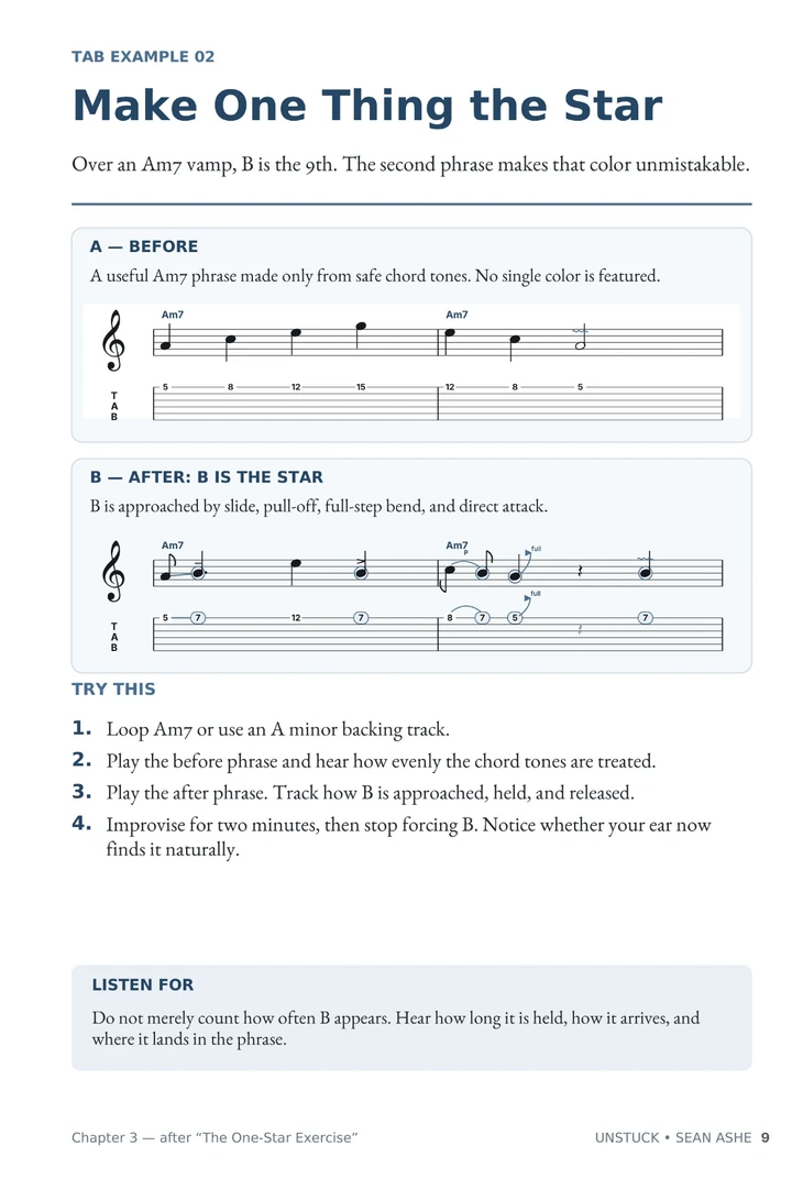 UNSTUCK notation page with standard notation and guitar tablature